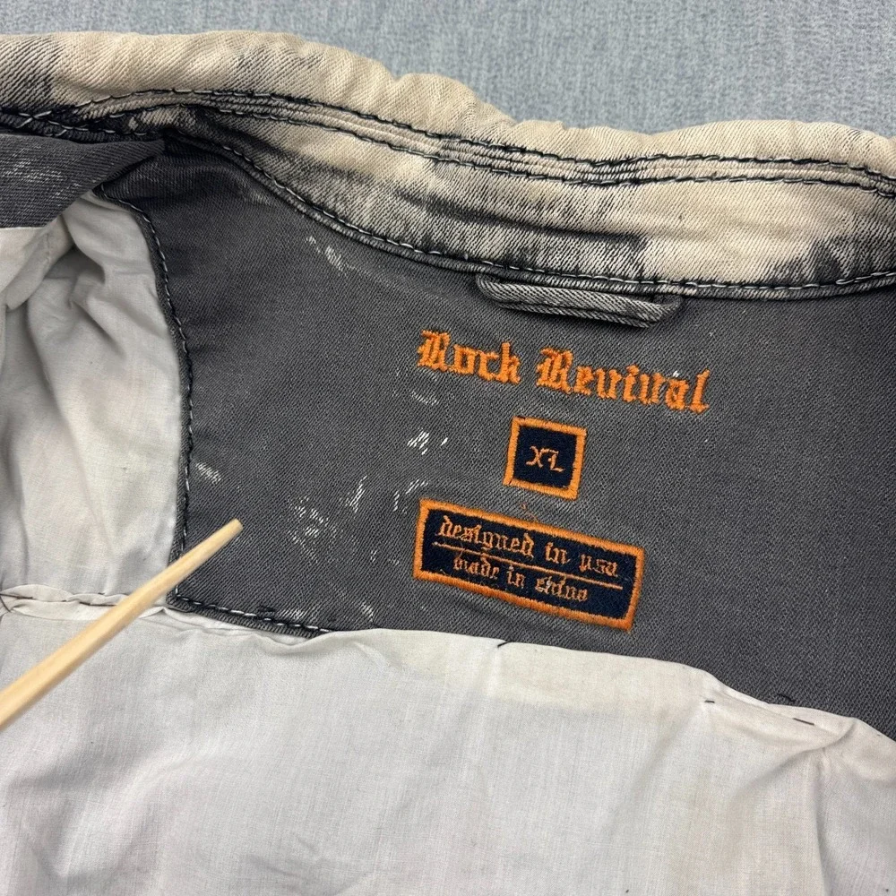 VTG‎ Rock Revival Jacket Mens XL Gray Distressed Studded Rare Custom Patch Skull